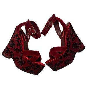 Betsey Johnson black and red velvet rose platforms